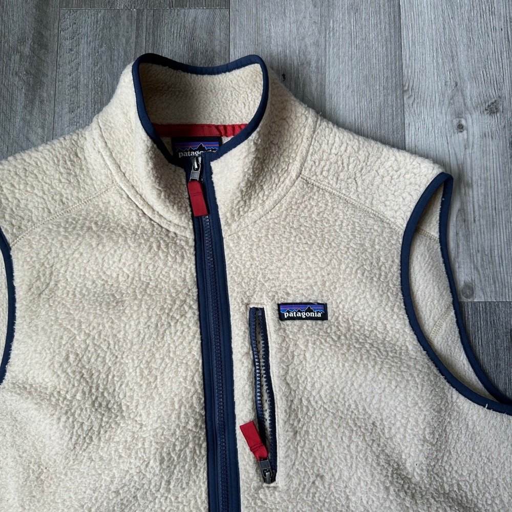 Patagonia Cream Navy Fleece Vest Retro-X Zip Pockets Men's XL